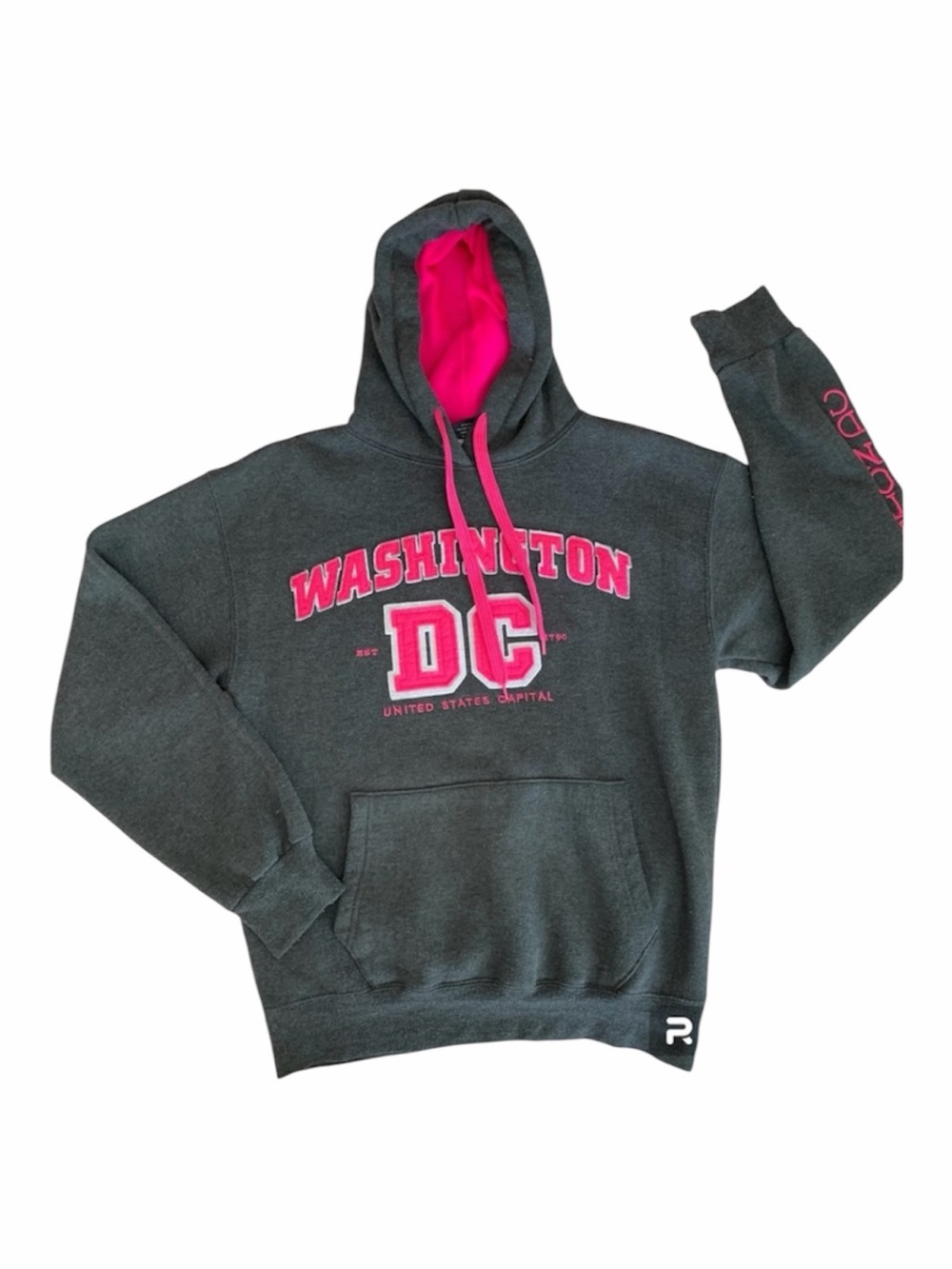 Washington DC Souvenir Hoodie Sweatshirt Dark Gray Pink Logo M